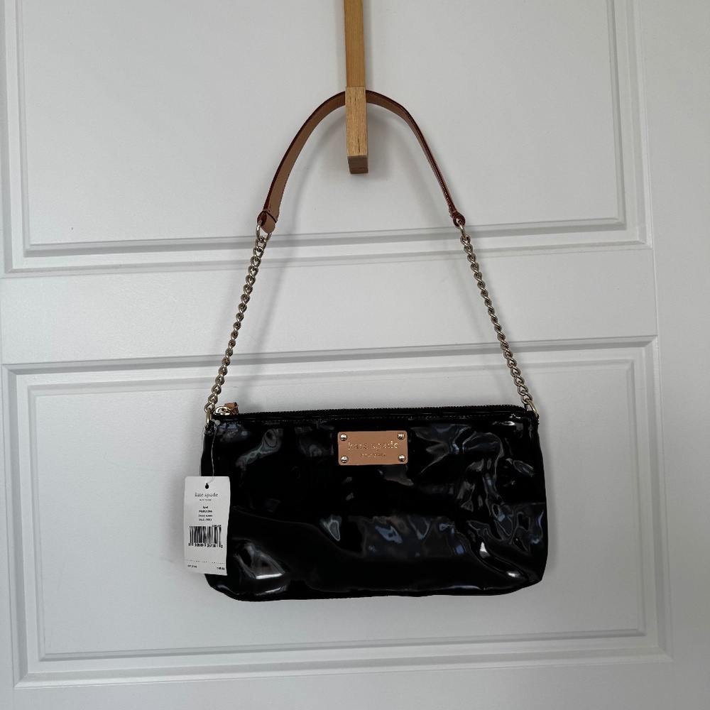 Kate Spade Henry Street Black Patent Shoulder Bag with Gold Chain -NEW